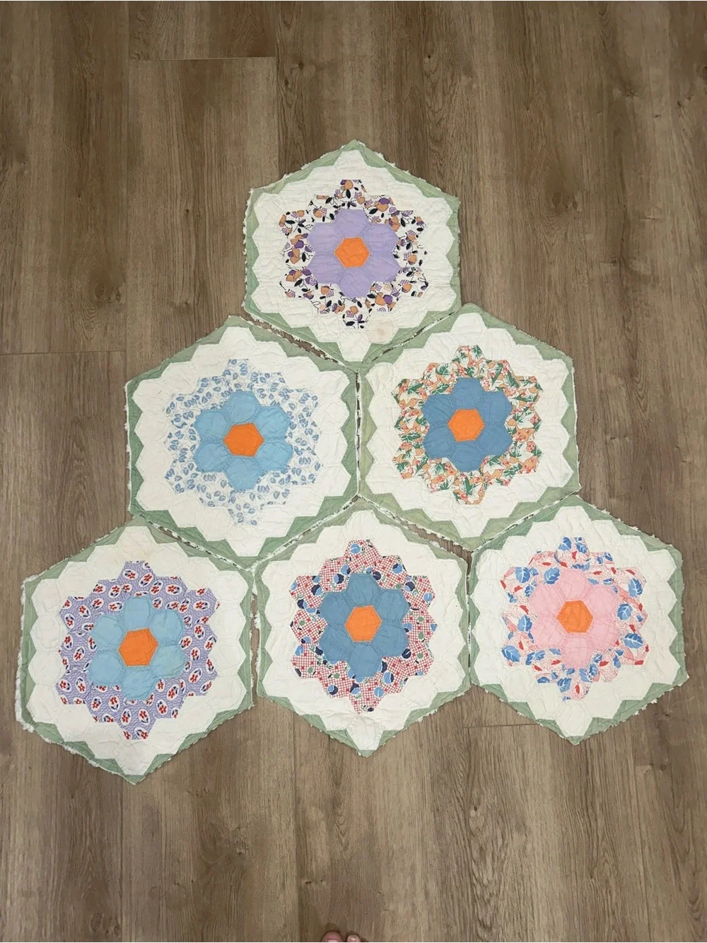 Handmade Floral Hexagon Quilt placemats,made from cutter quilt.